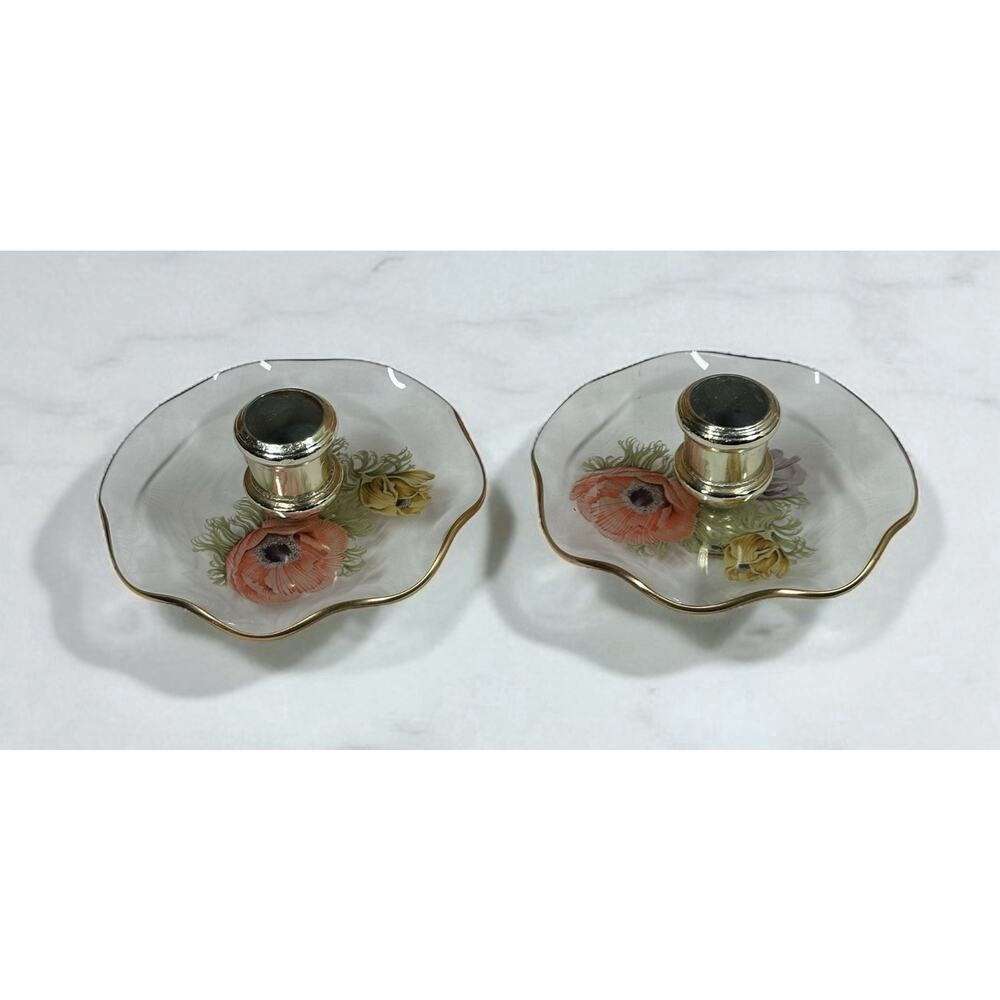 Vtg Chance Glass Painted Floral Candlestick Holders Made in England Set of 2